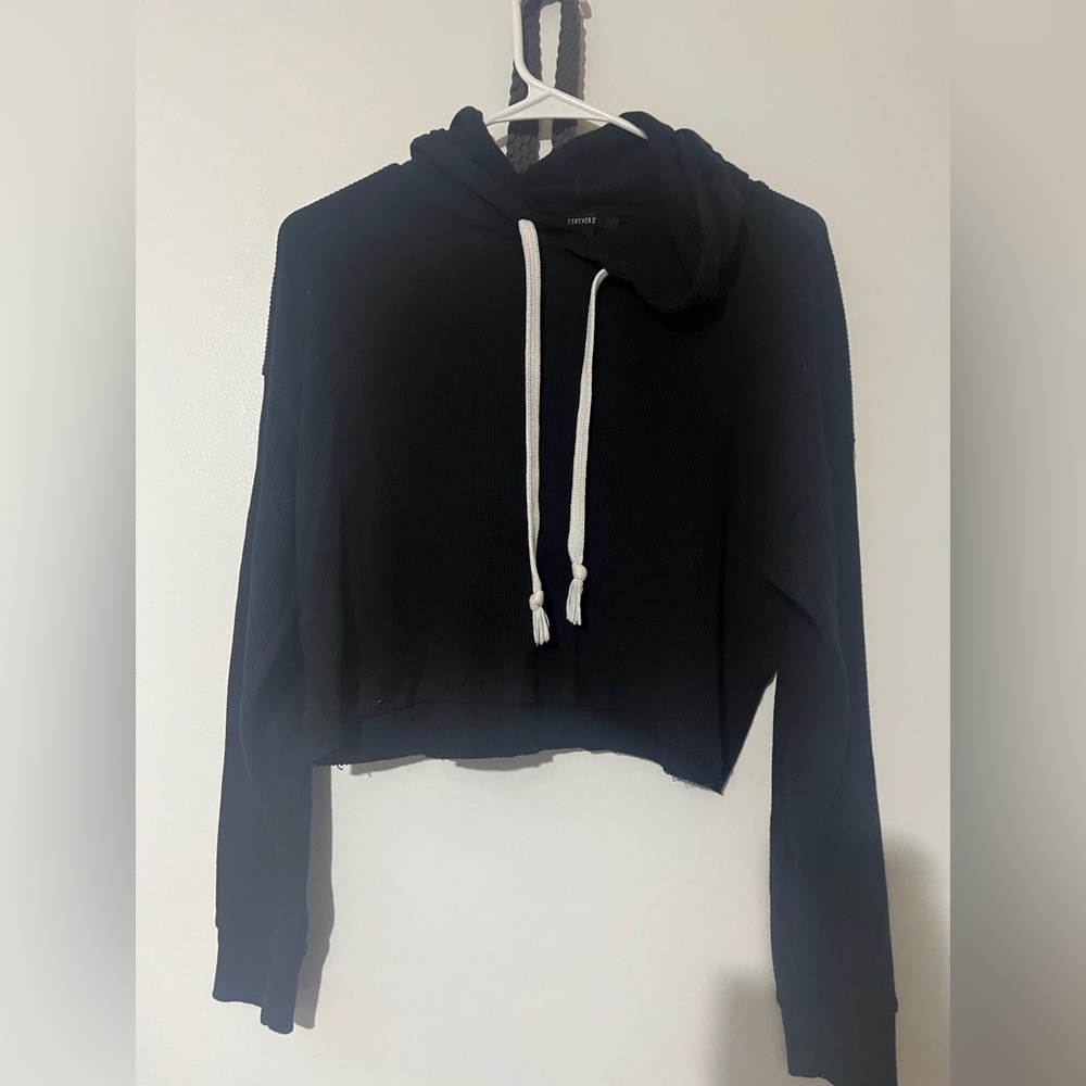 Forever 21 Black Cropped Hoodie with White Drawstrings
